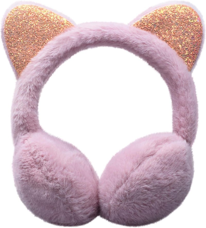 GSFY Ear Muffs Gloves Set for Kids Girls Adjustable Winter Sequin Faux Fur Windproof Warm Ear Warmer Outdoor - Image 1